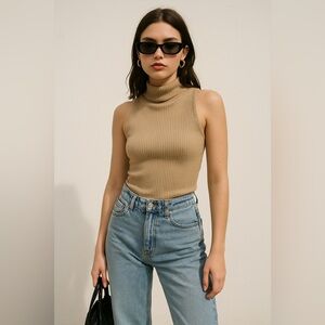 Rachel Zoe Ribbed Mock Neck Tank Minimalist Neutral Chic sz L Brown Lagenlook